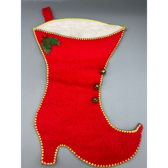 Vintage Christmas Stocking High Heel Boot with Bells and Holly Soft Fur 15" Tall - Picture 9 of 9